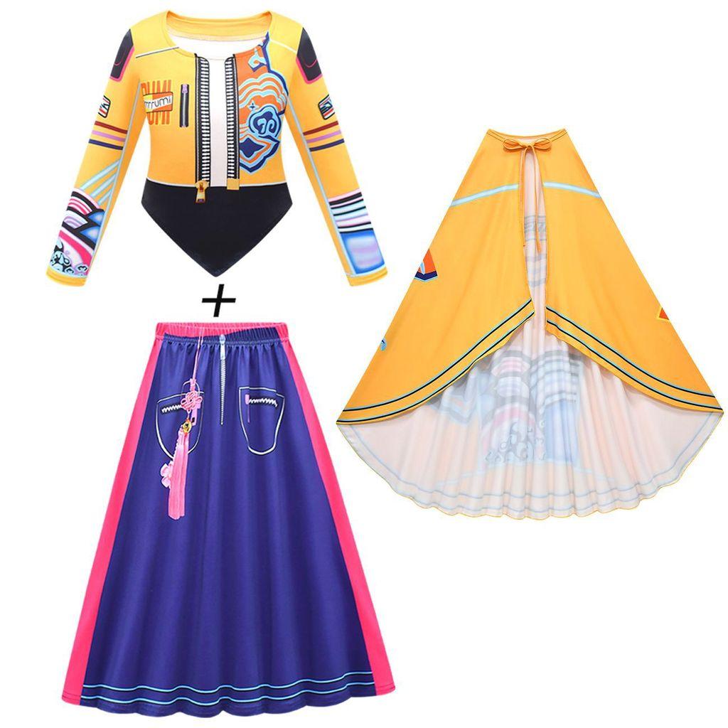 Kids Girls Anime Cartoon K-Pop Rumi Print T-shirt Skirt Bag Cloak Set Outfit Christmas Role Play Halloween Cosplay Costumes
