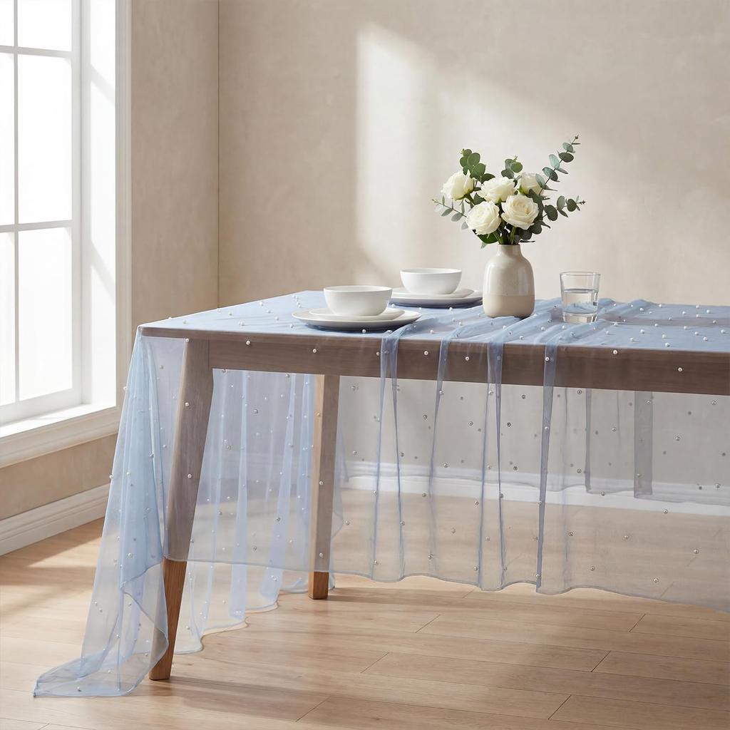 Light Green Table Runner Fabric Tulle Lace Tablecloth Rectangular Table Cover Bridal Veil for Christmas Wedding Birthday Party