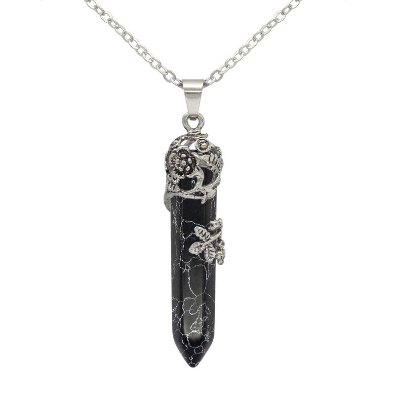 Fashion Export Natural Stone Crystal Column Single Pointed Hexagon Prism Pendant Tibetan Silver Plum Blossom Hexagonal Prism Necklace Ornament Black Turquoise