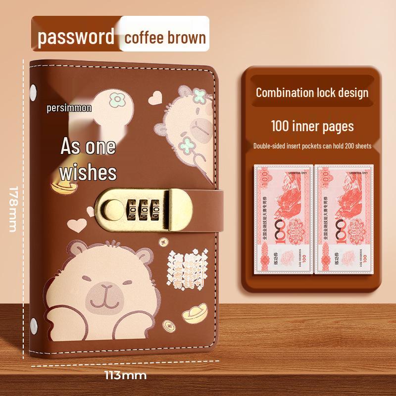 Kapybara 2025 Zámek na heslo Peněžní desky A6 Album pro finanční řízení