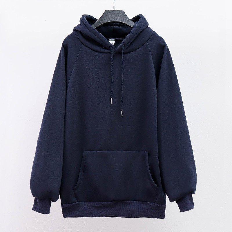 Autumn Winter Women's Fleece Lined Hoodie, Oversized Pullover with Long Sleeves and Solid Color Design, Cozy Warm Sweatshirt for Casual Wear
