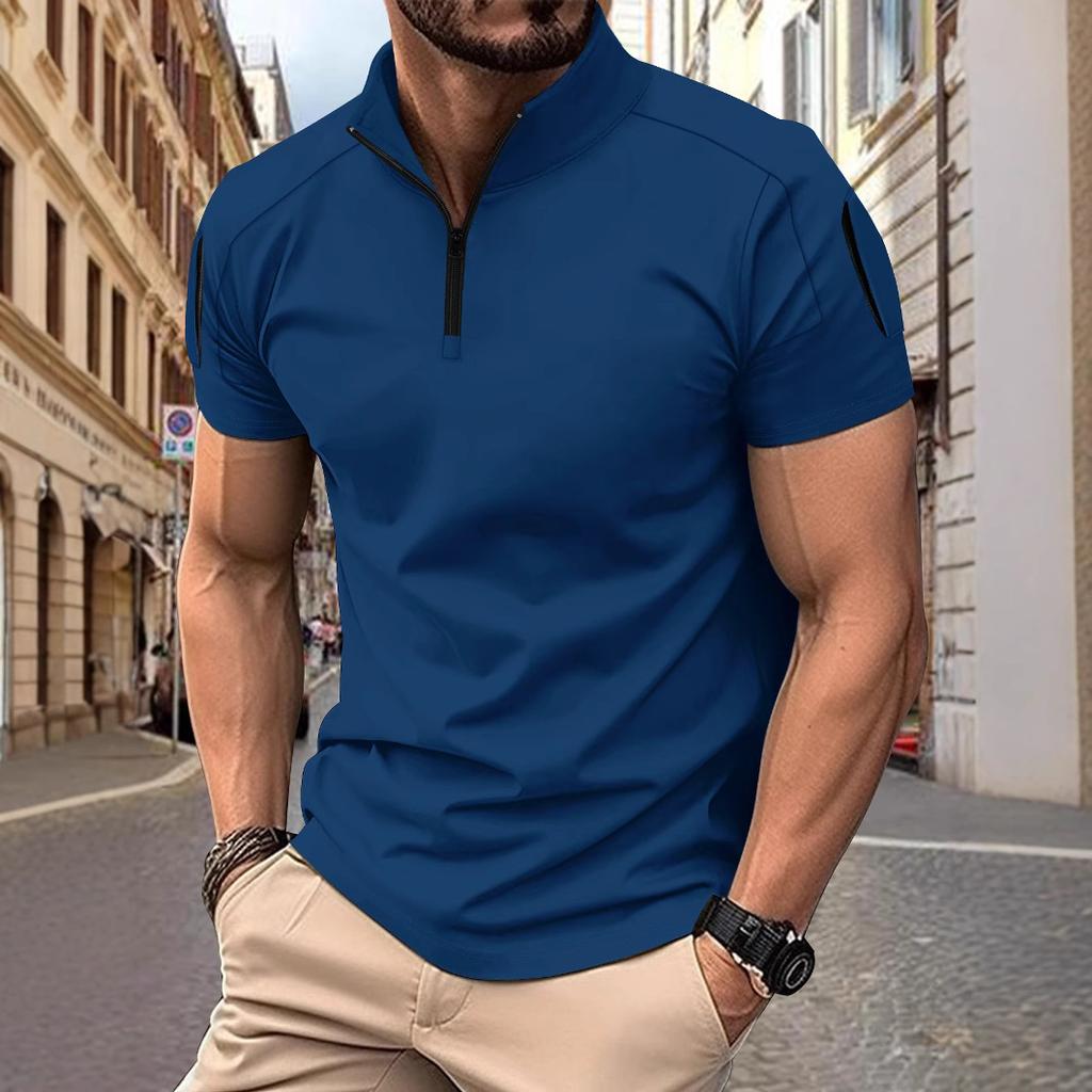 Men's T-shirt: Summer Casual Tactical Training Style with Patch Pockets on the Sleeves, Stand-up Collar, Plain Colour, Short-sleeved Polo Shirt