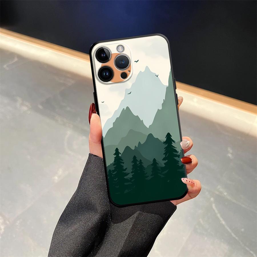 Black Soft Phone Cover Case for iPhone 13 12 11 17 Pro Max 17Air 7 8 XR 15 16 14 Plus XS Max Mountain View Pattern