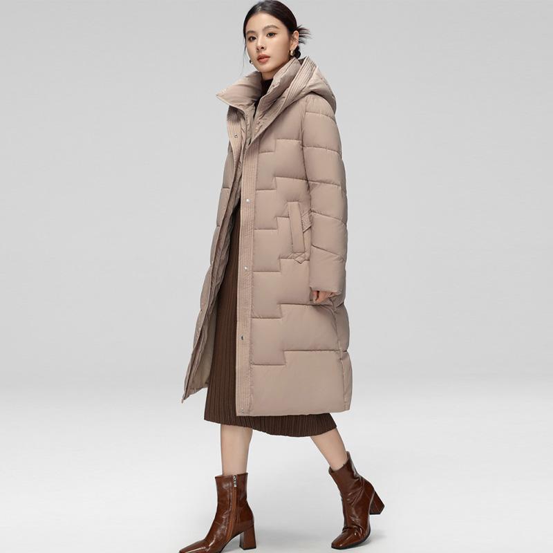 Vinter Dam Lång Dunbomullsjacka med Bälte Tjock Varm Lyxig Slim Huva Parka Kappa