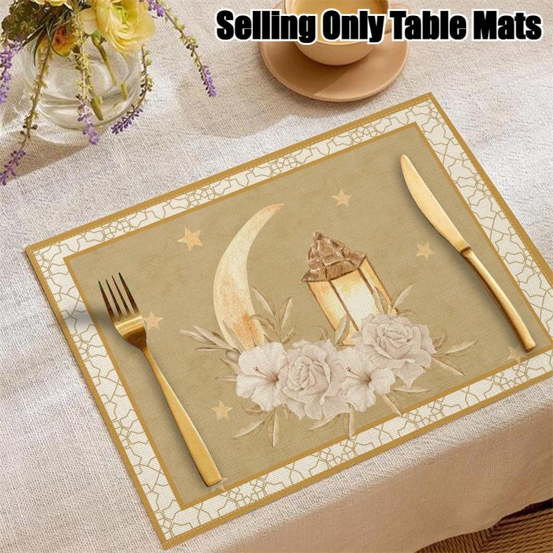 4/2 Stück Happy Ramadan Laterne und Mond Tischsets Festliche Atmosphäre Dekoration Leinen Tischgeschirr Matte Hitzebeständig