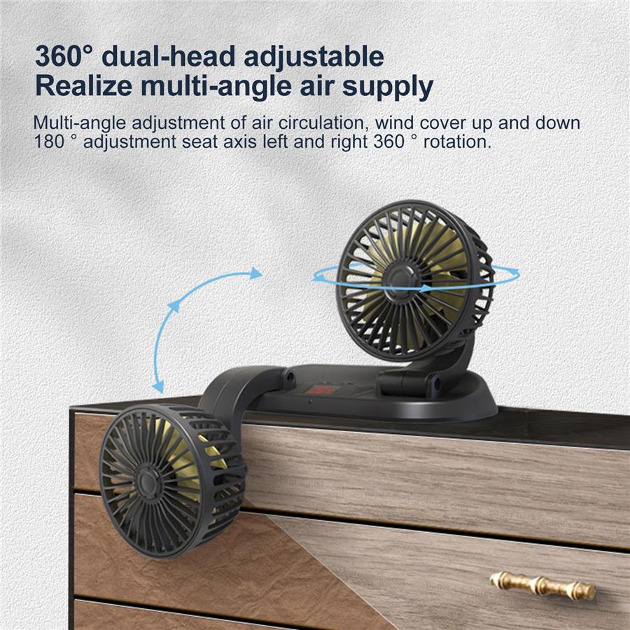360 Degree Rotation Dual Head Vehicle Car Cooling Fan 12V Real-time Temperature