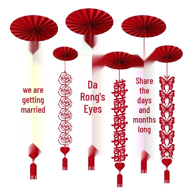 Wedding Décor: Double Happiness Paper Cut Ornaments for Ceiling and Walls, Festive Butterfly Pull Flowers for Bedrooms and Living Rooms