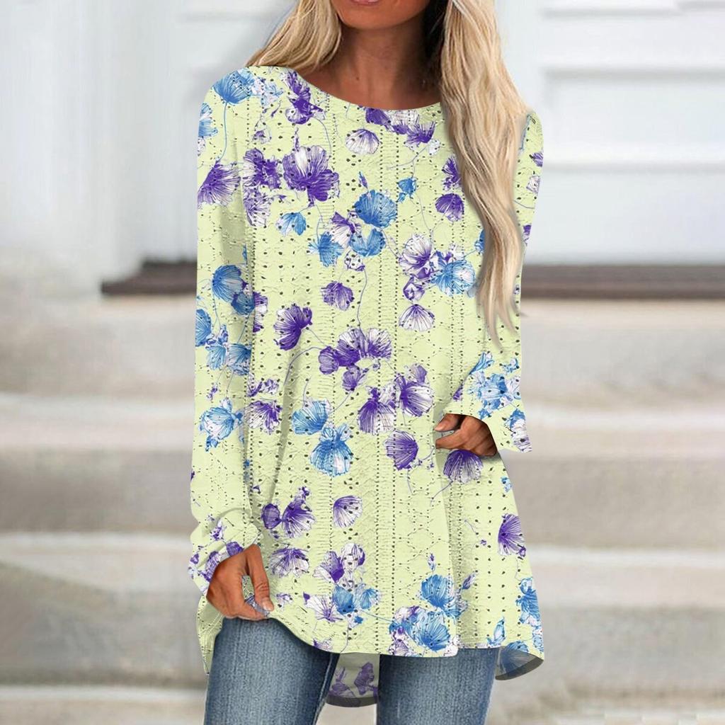 Womens Tops Round Neck Long Sleeve Blouses Casual Mid-length Shirts Fashion Print Tunic Tops