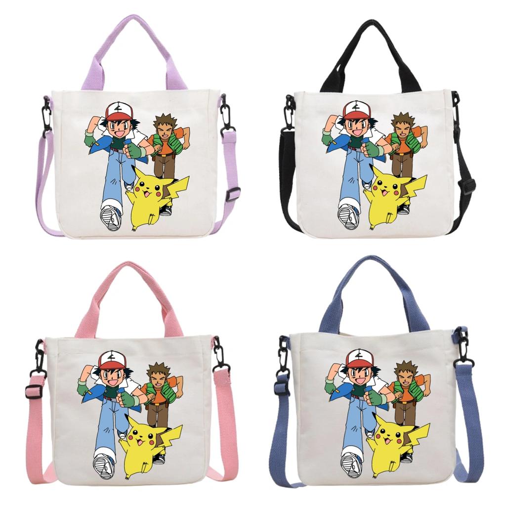 Pokemon Canvas Crossbody Bag Pikachu Cartoon Pattern Print Handbag Fashion Portable Large Capacity Travel Shopping Storage Kid Friendly Entertaining