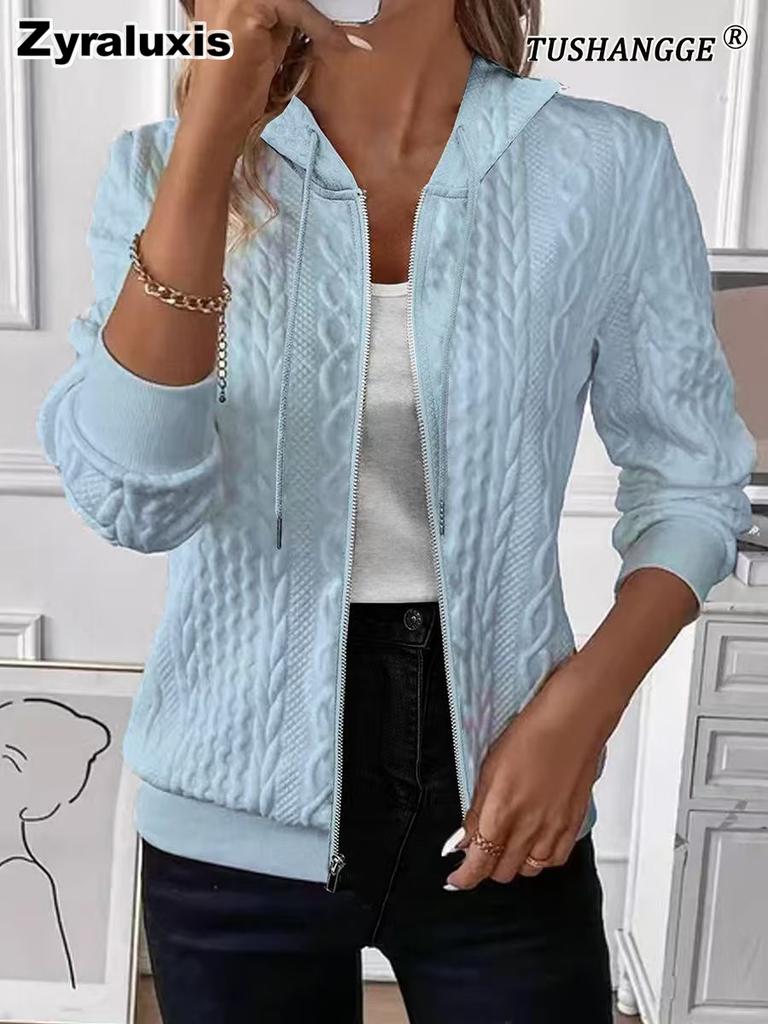 Fall Winter Solid Long Sleeve Knit Zipper Hoodie Jacket Coat for Women