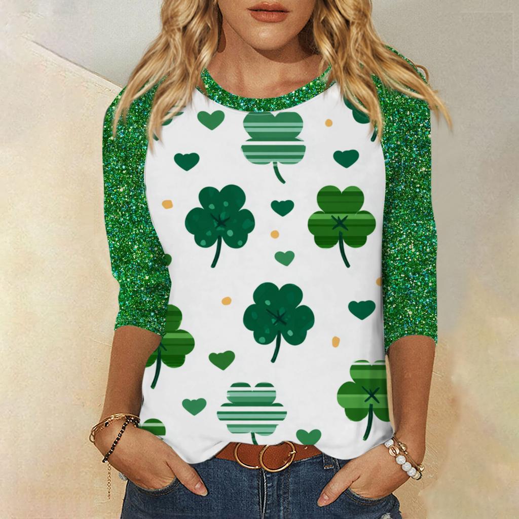 Damski St. Top z nadrukiem na Dzień Świętego Patryka, z okrągłym dekoltem i rękawem trzy czwarte
