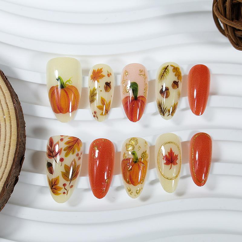 Pcs Halloween 3d Pumpkin Maple Acorn Cute Press On Nails