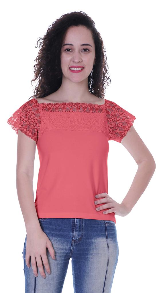 Moomaya Lace Sleeve Tops For Women Plain Boat Neck Tee Shirt