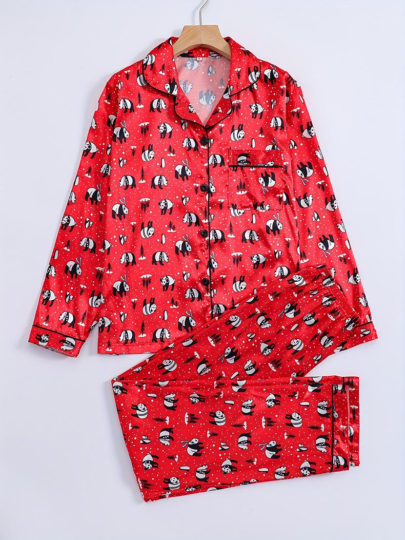 

Европейский и американский мультяшный принт, пижамный комплект из шелковой смеси - женский с длинным рукавом, кардиган на осень/зиму с лацканами, идеально подходит для Рождества. Medium красный