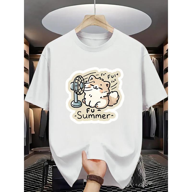 European Size Men'S Casual Summer T-Shirt with Cute Cat & Fan Print - Breathable, Lightweight, and Comfortable for Beach Vacations