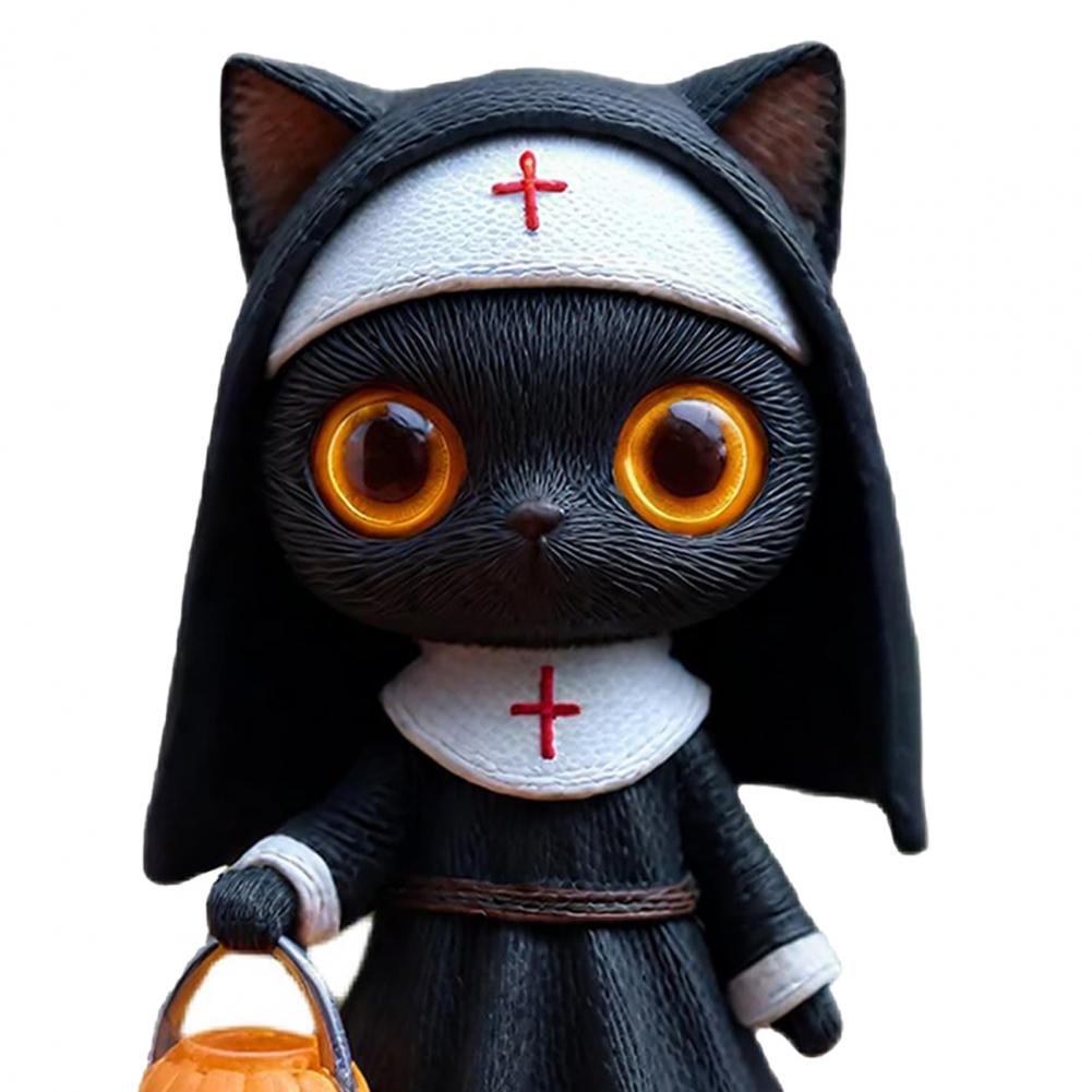 Nunnekatt Skulptur Halloween Nunnekatt Figur med Pumpahink Svart Katt Staty Fantasy Samlarobjekt Skulptur för Älskare