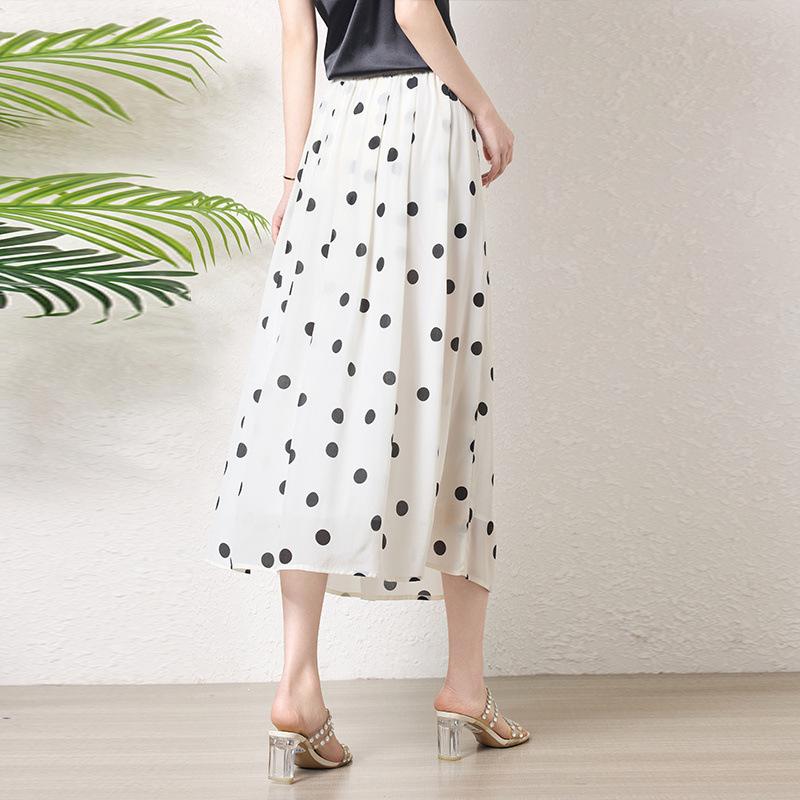 Polka dot printed white silk skirt women's  new loose tendon waist mulberry silk skirt