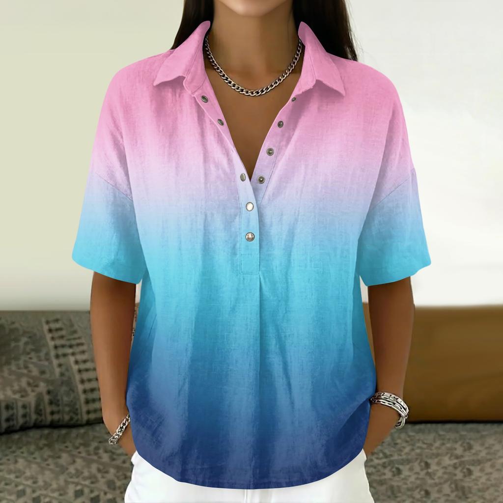 Women Loose Fit Short Sleeve Polo Shirt Vintage Floral Print Button Down Collar Linen Blend Casual Top
