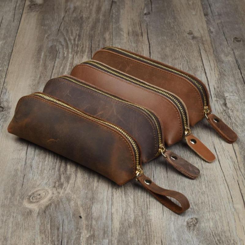 Vintage Leather Pencil Bag Simple Stationery Holder Pen Case Storage Bag Zipper Pencil Pouch Glasses Box School Supplies