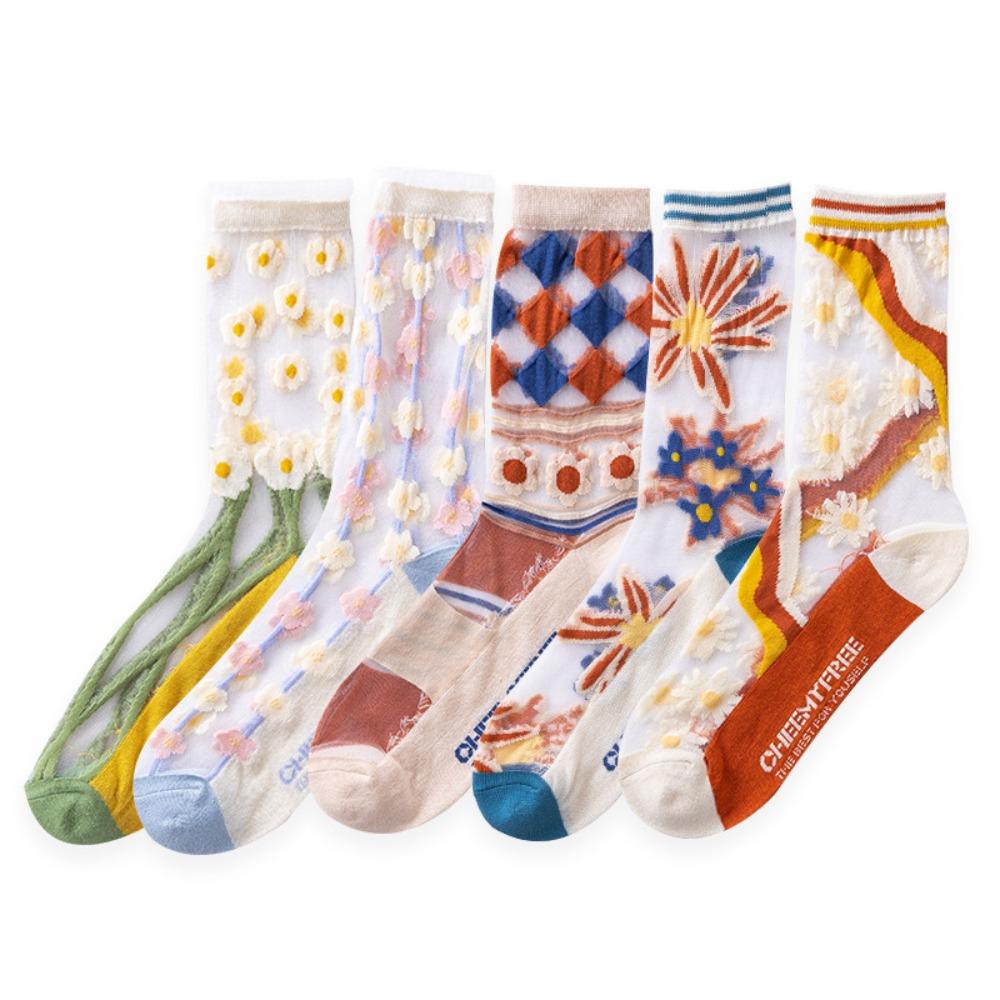 5Pairs Glass Silk Tulle Mid Tube Socks Mesh Sweet Socks Women Soft Transparent Flower Socks  Girl