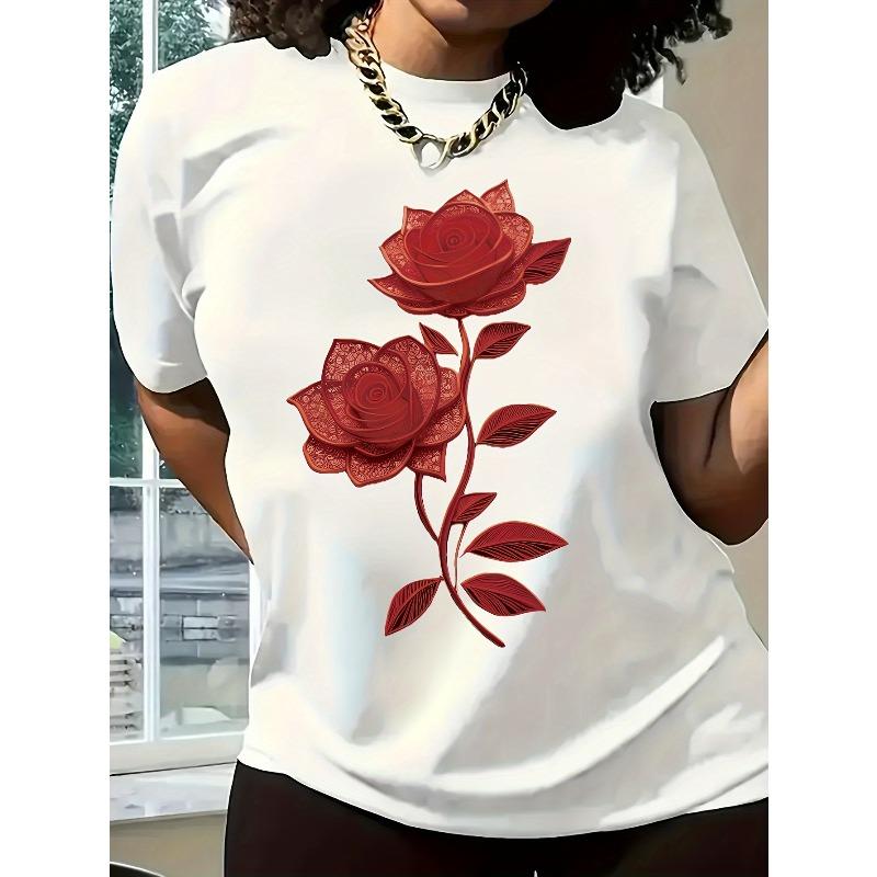 Europäische Größe Exquisites Rosenmuster Mode Lässig Kurzarm Sommer Passform Rundhals Damen-T-Shirt