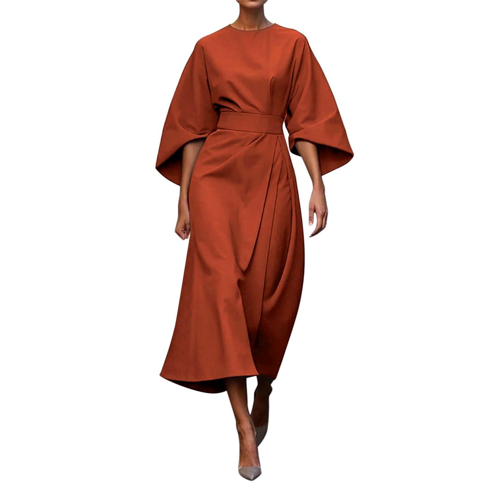 Women s Fashion Colour Temperament Elegant Waisted Casual Seven Sleeve Long Dress Dress L