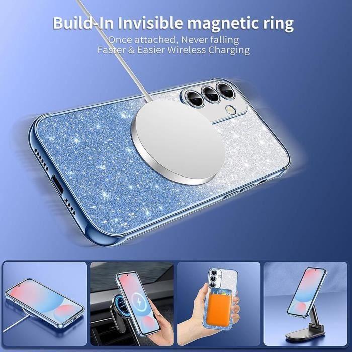 Coque et 2 verres trempés pour samsung galaxy s24 fe, silicone avec protection objectif et cercle magnétique - bleu pailleté