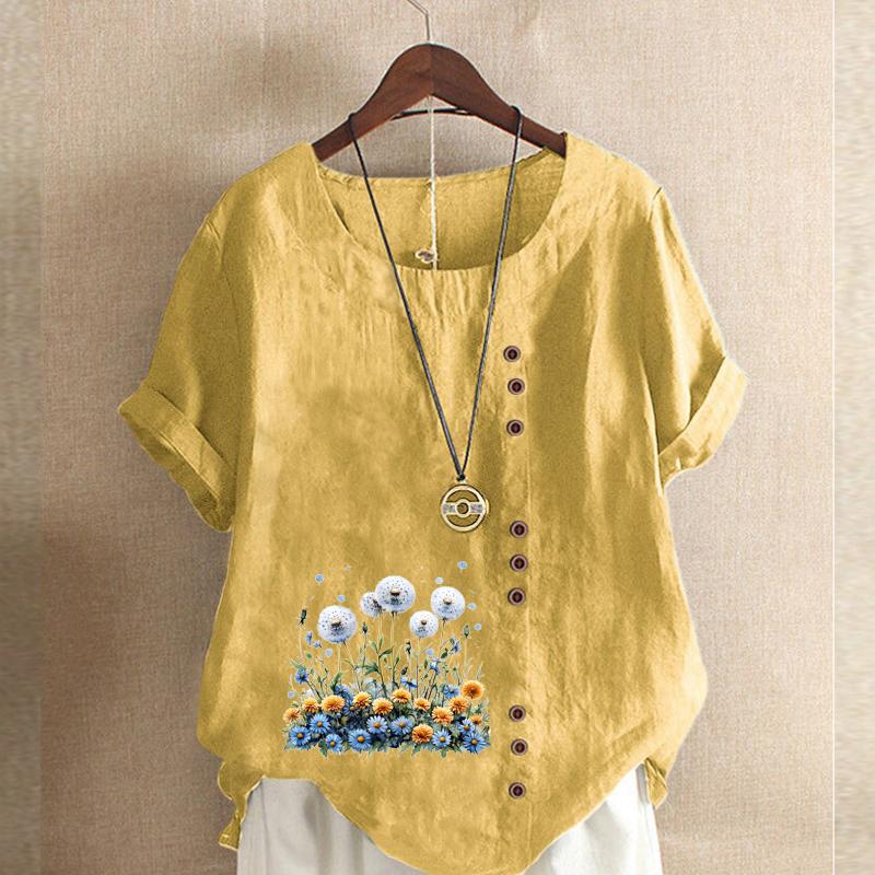 Women's Fashion Flower Cluster Prined Short Sleeve T-shirt Loose Cotton Shirt Casual Loose Summer Blouse Tops Plus Size