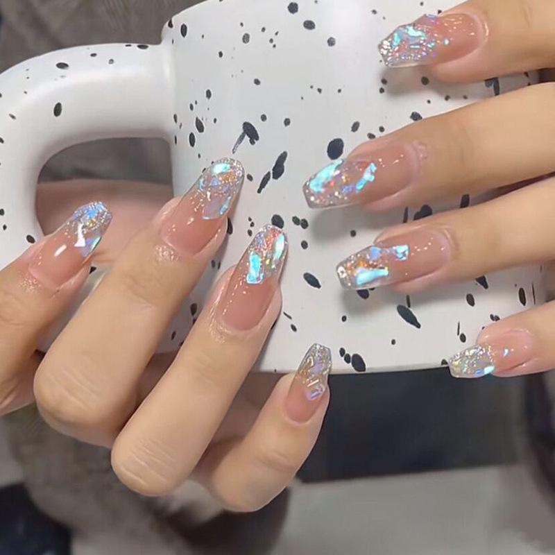 

Aurora Glitter Crushed Diamond Press-On Nails, Medium-Long Length Glue Type