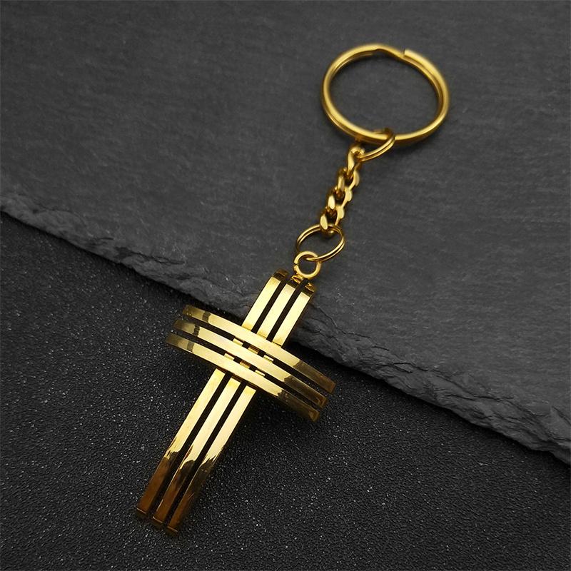 Stainless Steel Jesus Cross Pendant Key Chains for Women Men Gold Color Christian Holy Lord Crucifix Key Ring Jewelry Gift