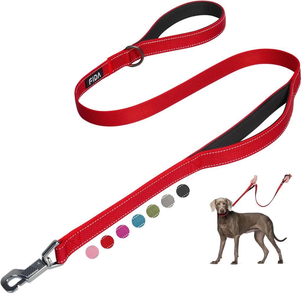 Fida Long Dog Lead with 2 Handles and Soft Pad for Medium and Large Training Lead for Night Reflective Small, Dogs, Pets, (1.2m, Red)