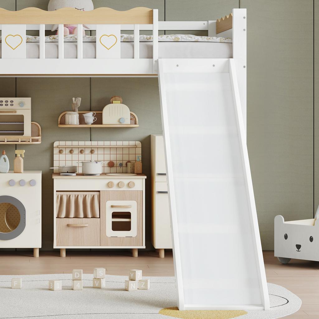 Loft Bed, With Children's Slide, Wardrobe and Storage Cabinet Under the Bed, Four-Sided Fence Pine + MDF + Plywood, White+Natural, 90x200cm