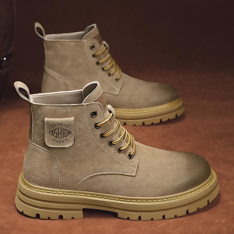 

Кожаные ботинки, высокие ботинки, зимняя спортивная обувь для мужчин, защитная обувь, круглый носок, нескользящая обувь, повседневные кроссовки, увеличивающие рост 44 верблюд