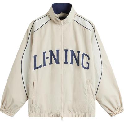 Li Ning Liść sałaty Amerykański Vintage Wiatroodporny Wiatrówka z kołnierzem stójką zapinanym na zamek z literami Męskie Odzież wierzchnia Mglisty Khaki Off-White AFDU957-7