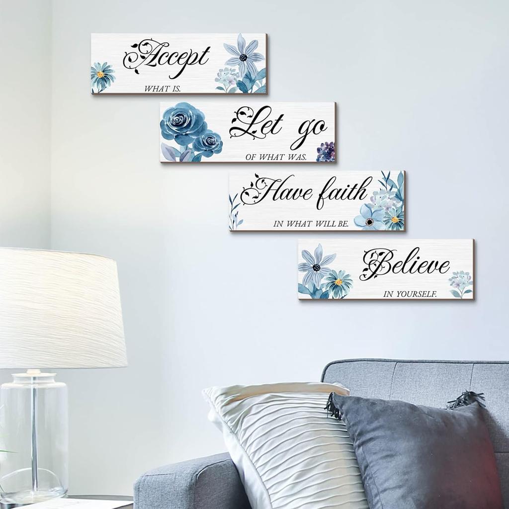 4 Pieces Blue Flower Wall Decor For Bedroom Accept Let Go Have Faith Believe Inspirational Wall Art Decorations for Living Room No Frame