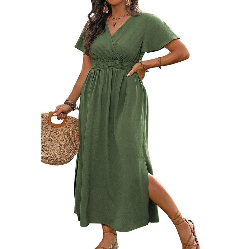 

American Shiying Summer New Arrival V-neck plus Size Dress Women 2025 Fashion High Waist Pleated Split Dress Green 4XL fit (90.00 kg-100.00 kg