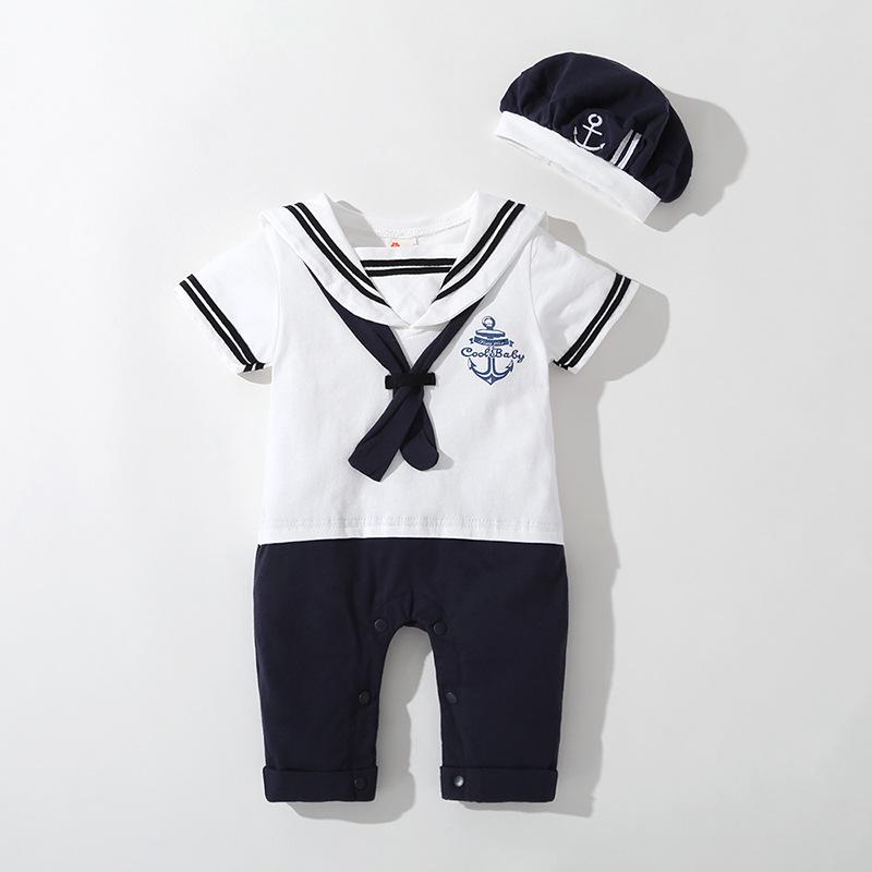 Set due pezzi estivo per neonato maschio, uniforme blu navy, con cappellino