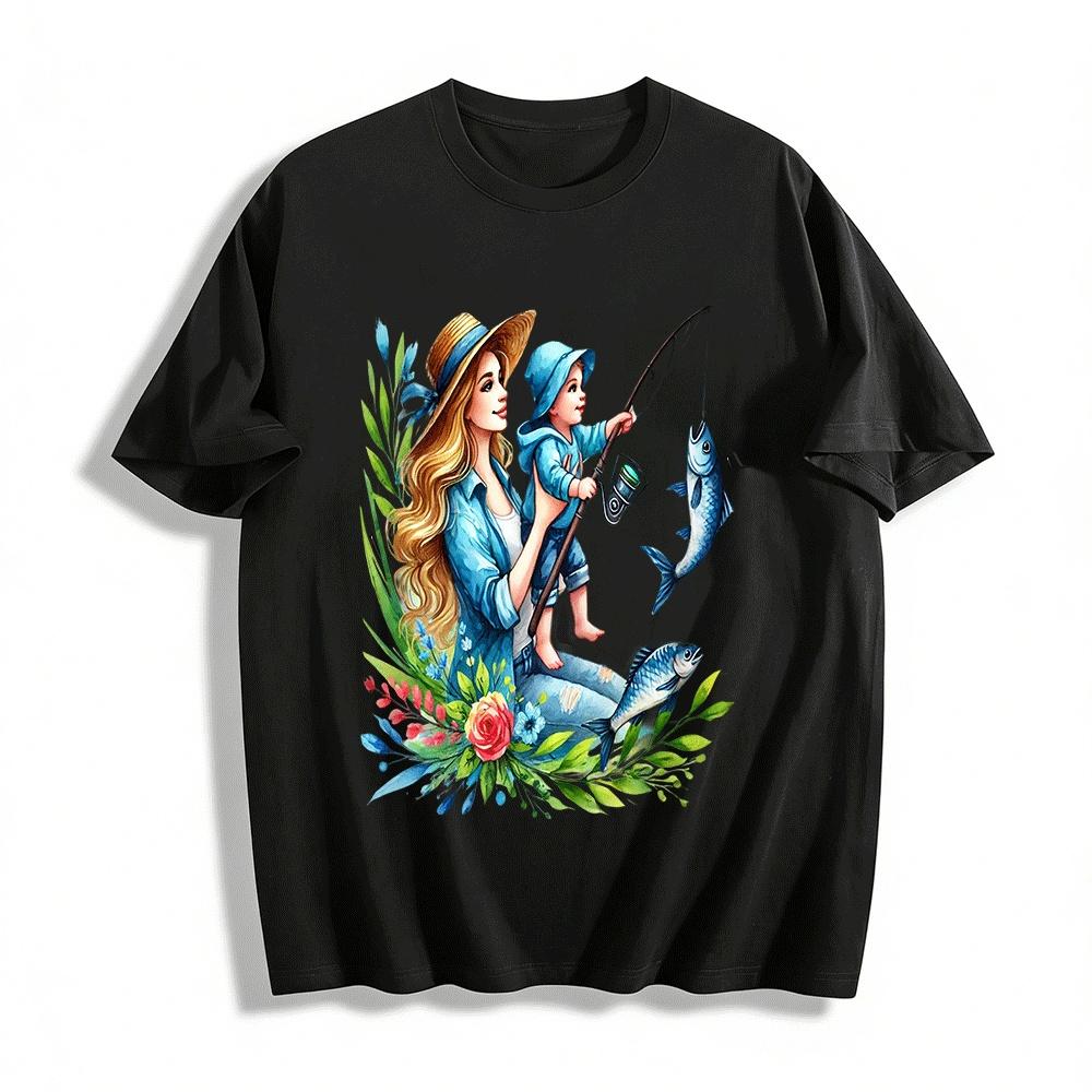 Mother And Kid Fishing Time Print Casual Top Pure cotton T-shirt XXS