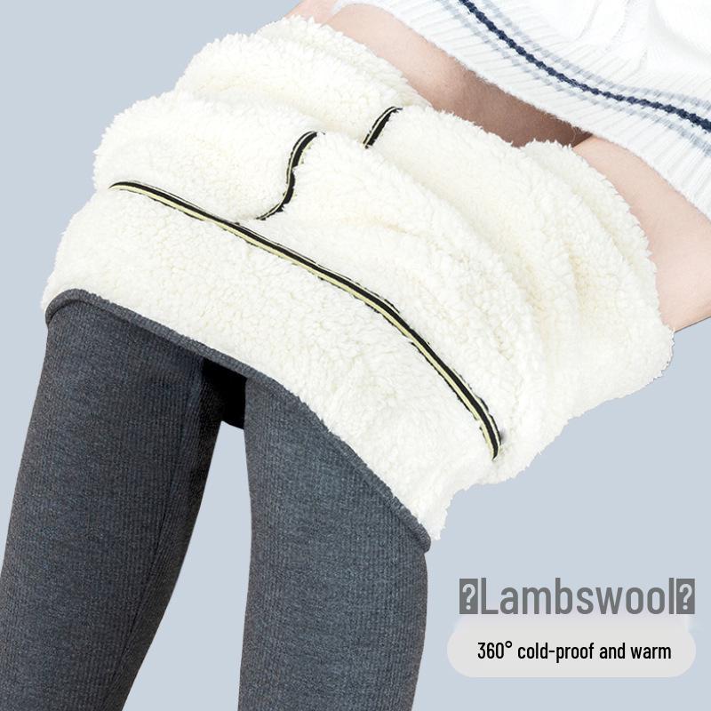 Women's High Waist Fleece-Lined Ribbed Leggings - Warm, Comfortable, Cotton, for Autumn and Winter Wear, Nine-Point Length.