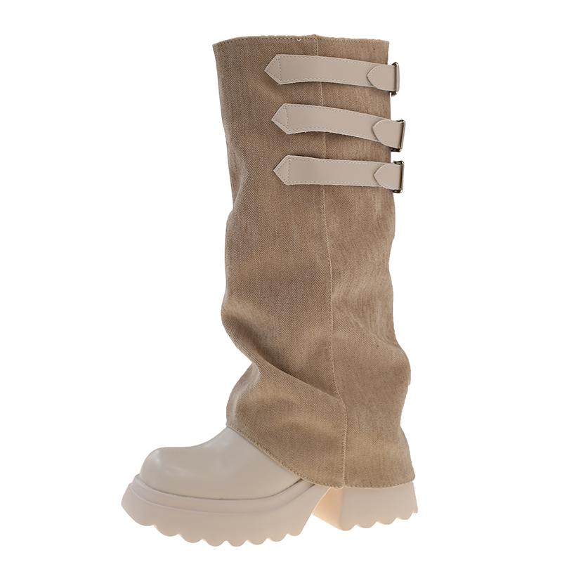 Fashion Medium Heel High Boots Fashion Round Toe Sleeve Belt Buckle Platform Anti-Slip Wear-Resistant Fashion Boots