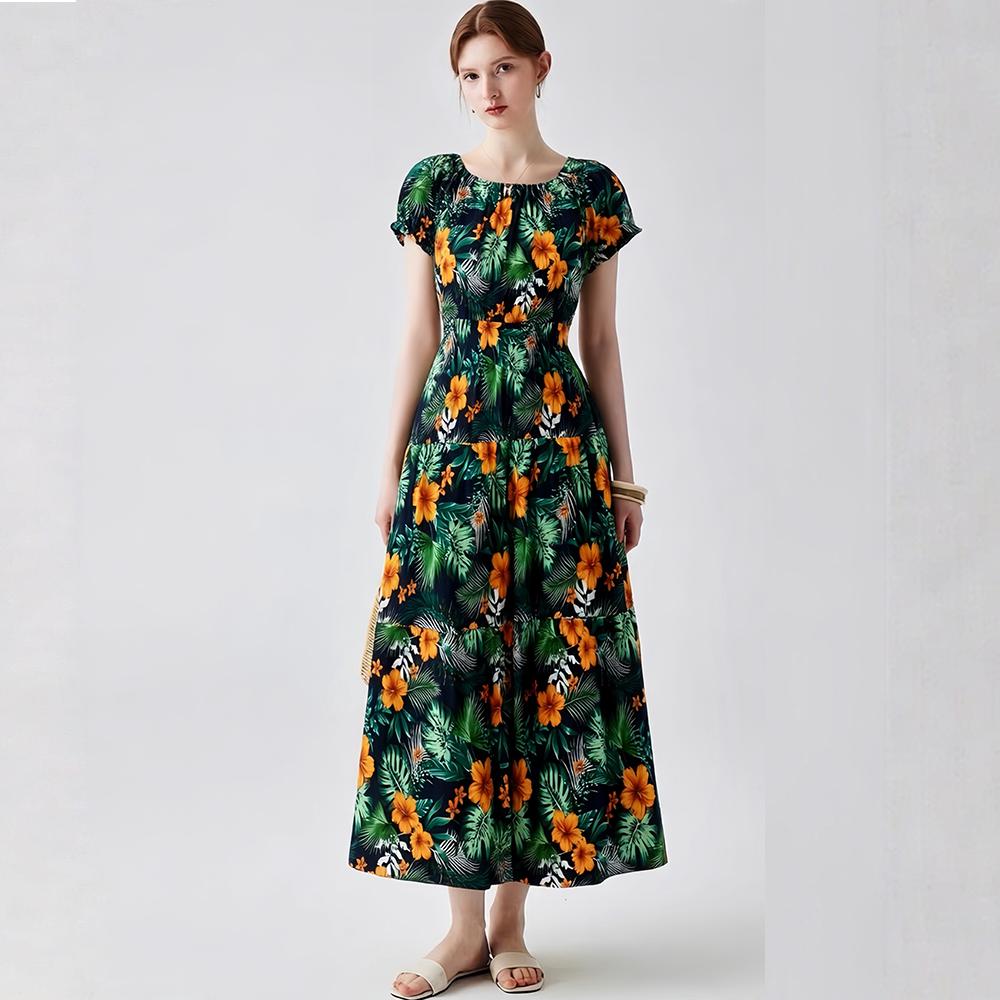Bohemian Cotton-Silk Floral Printted Off-the-Shoulder French-Style Summer Dress for Women Ethnic-Style Elastic Waistband Pleayed Long Dress