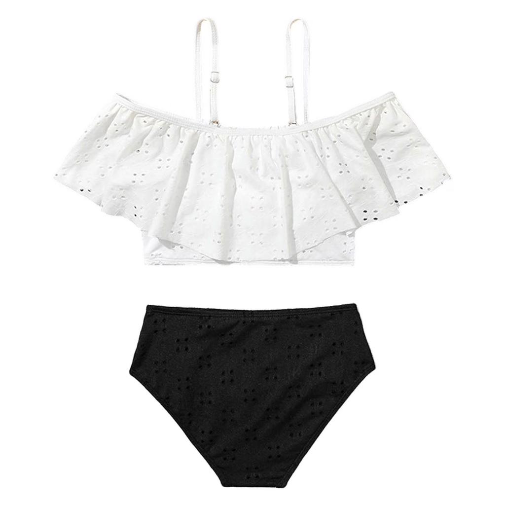 Girls Two Piece Swimsuit Set Off Shoulder Top with Straps and High Waist Bottoms Summer Beach Swimwear