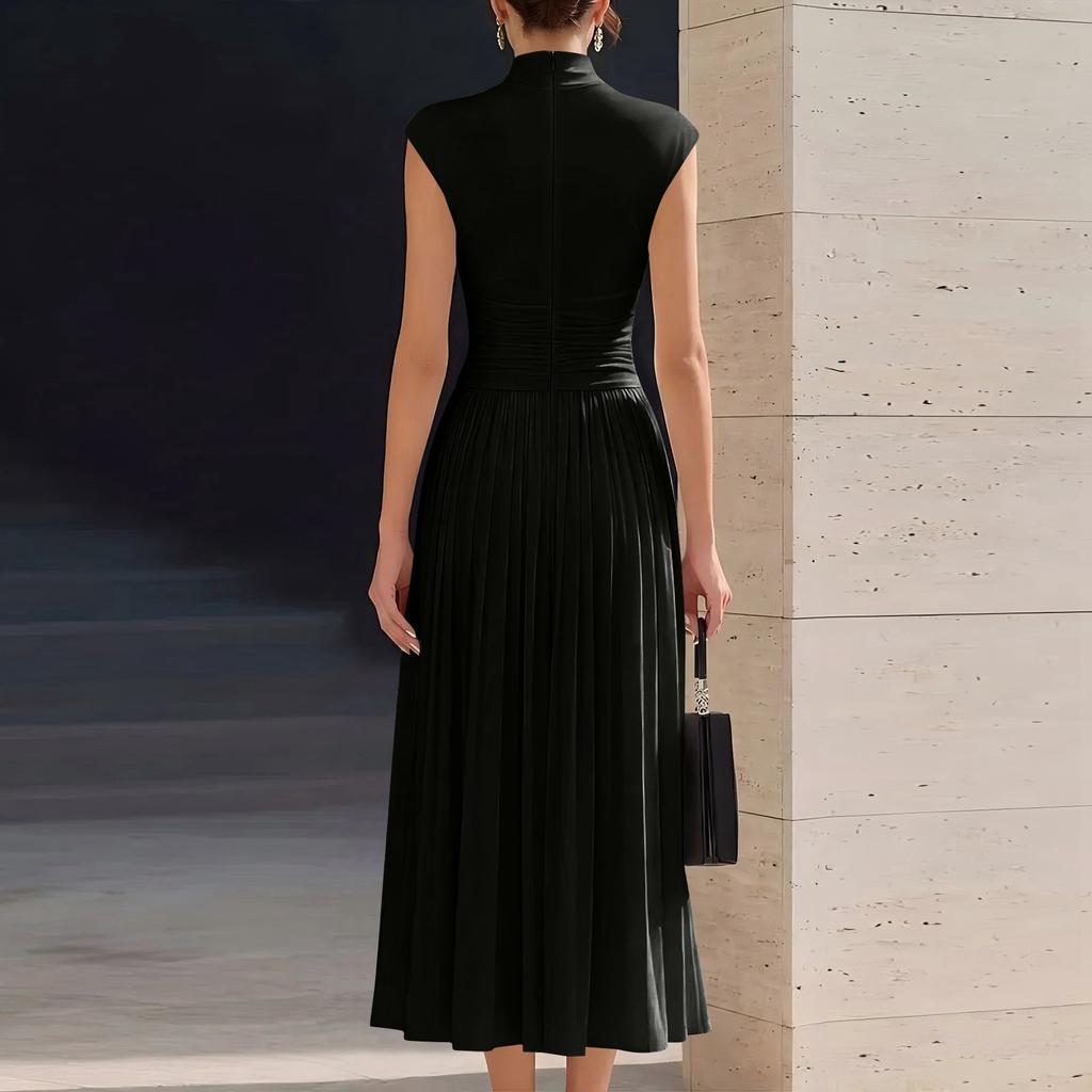 Elegant Women's Summer Stand Collar Sleeveless Dress, Color Loose Fit Stretchy Dress for Casual and Party Wear