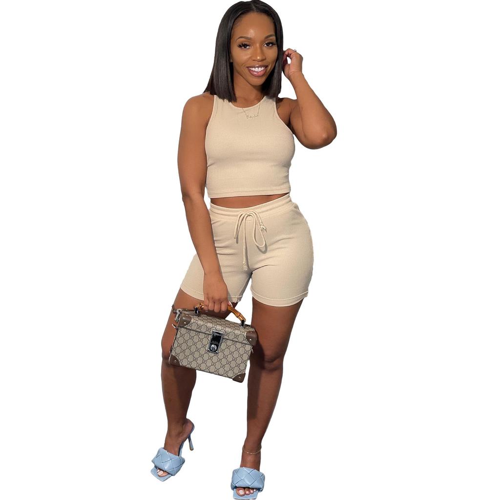 F155 Women's Casual Sports Set: Striped Vest & Drawstring Shorts Two-Piece