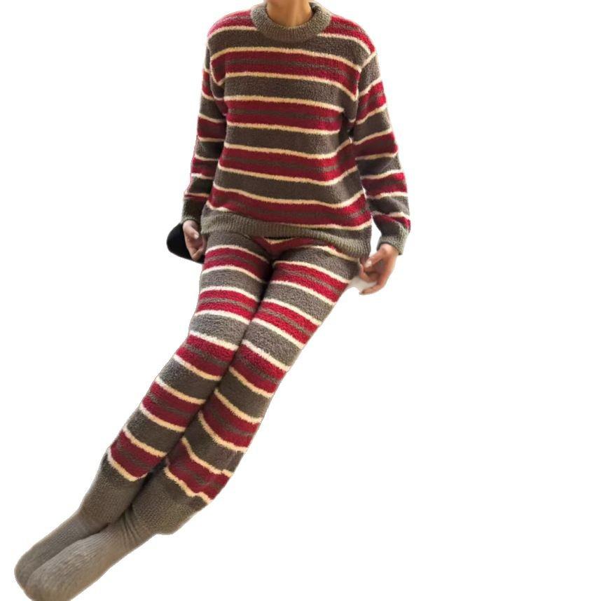 2025 Winter Women's Fluffy Velvet Pajama Set - Striped Color Block, Round Neck, Thickened for Christmas and New Year.