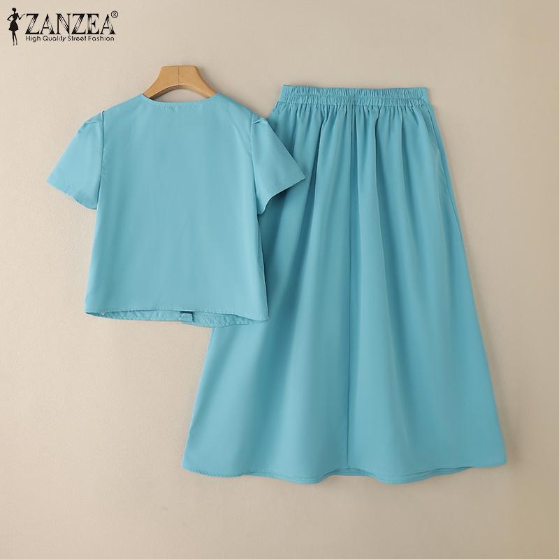 ZANZEA Women Short Sleeve Blouse and A-line Skirts Summer Two Piece Suit Sets