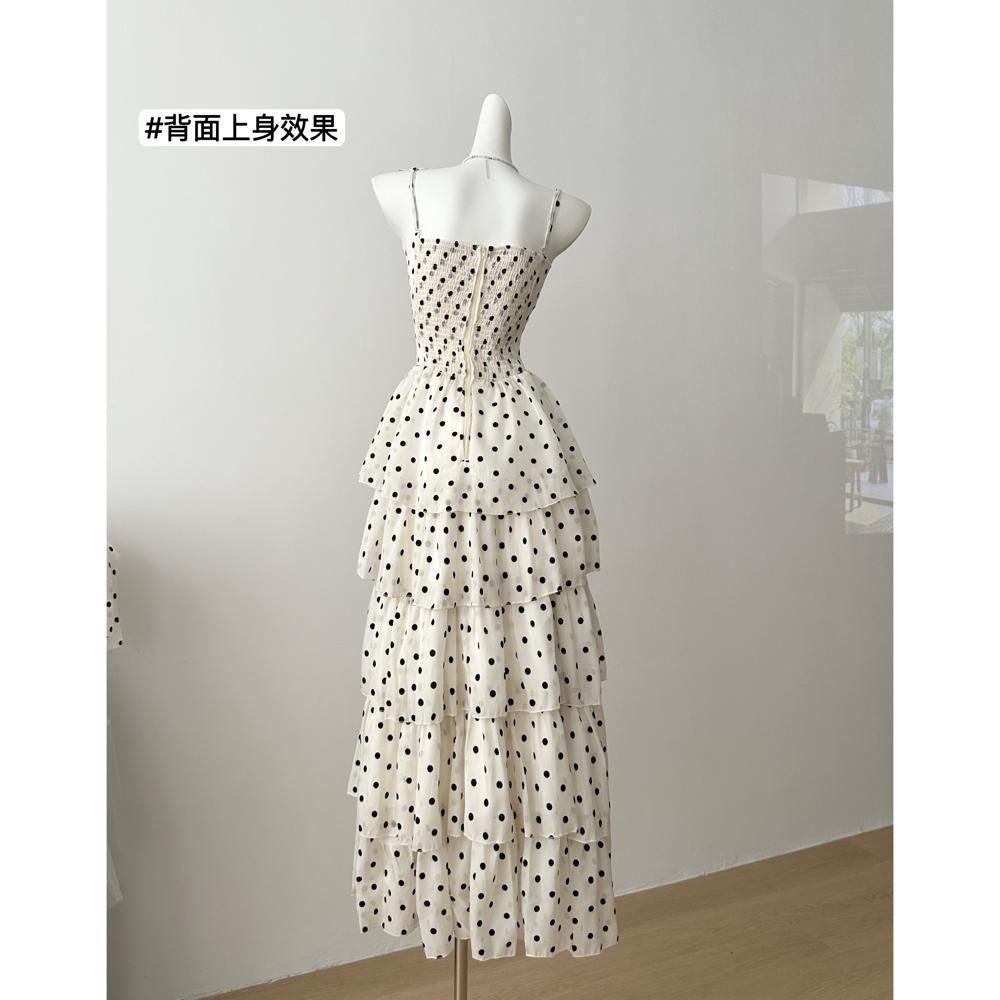 White Polka Dot Cake Skirt for Women, New Summer Heavy Industry Vacation Waist and Thin Suspender Dress for Women