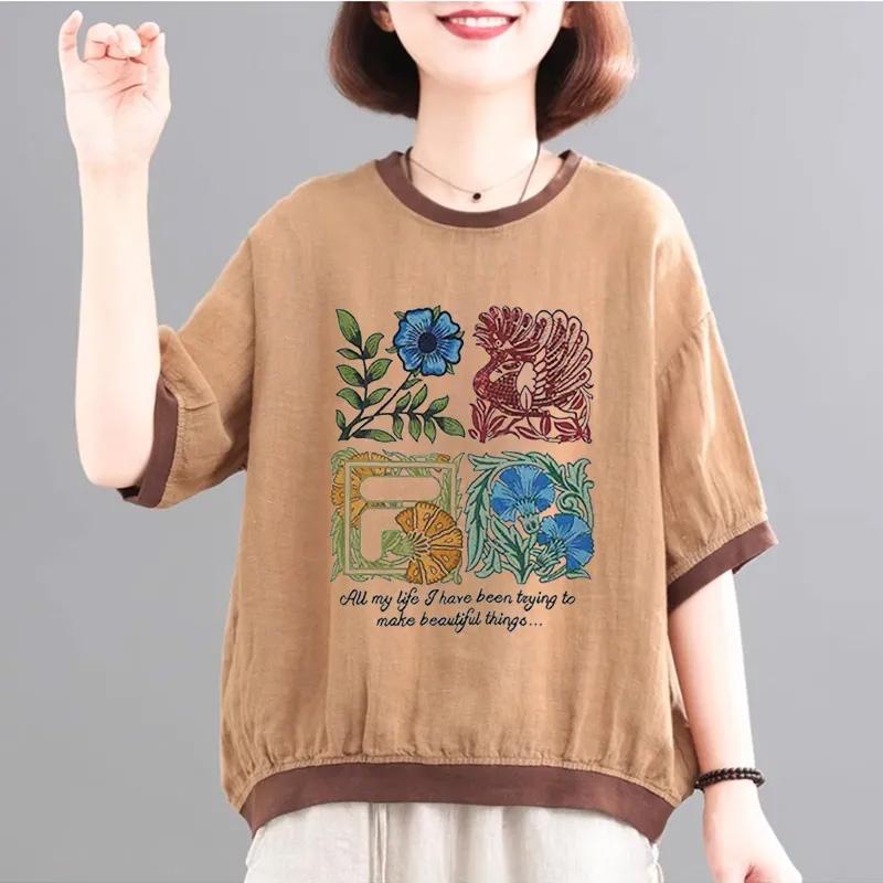 

Футболка для женщин, летняя, большого размера, хлопковая футболка, мягкая, свободная, с принтом, повседневная, удобная, пуловер, футболка, топ XXXXL дубильная кора