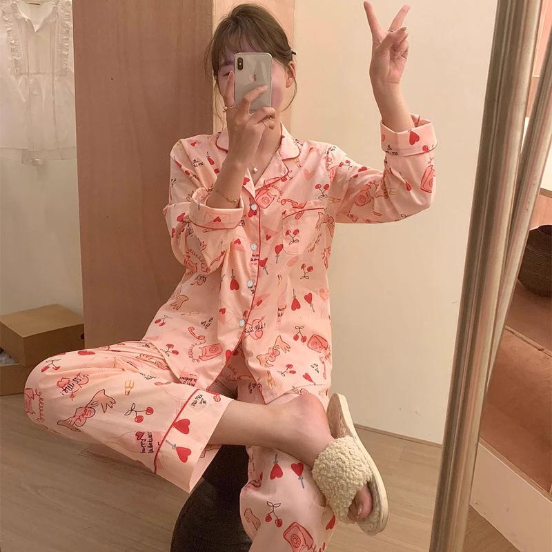 Long-Sleeved Trousers Two-Piece Set Of Imitation Silk Casual Cool Cartoon Printing Can Be Worn Outside Comfortable Pajamas Women