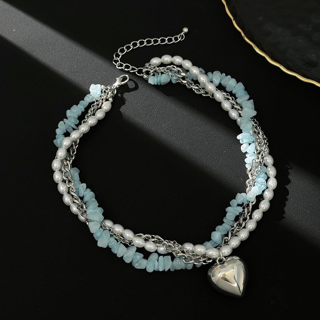 Sweet And Cool Metal Love Pendant Necklace, Design Crushed Stone Imitation Pearl Chain Winding Neck Chain